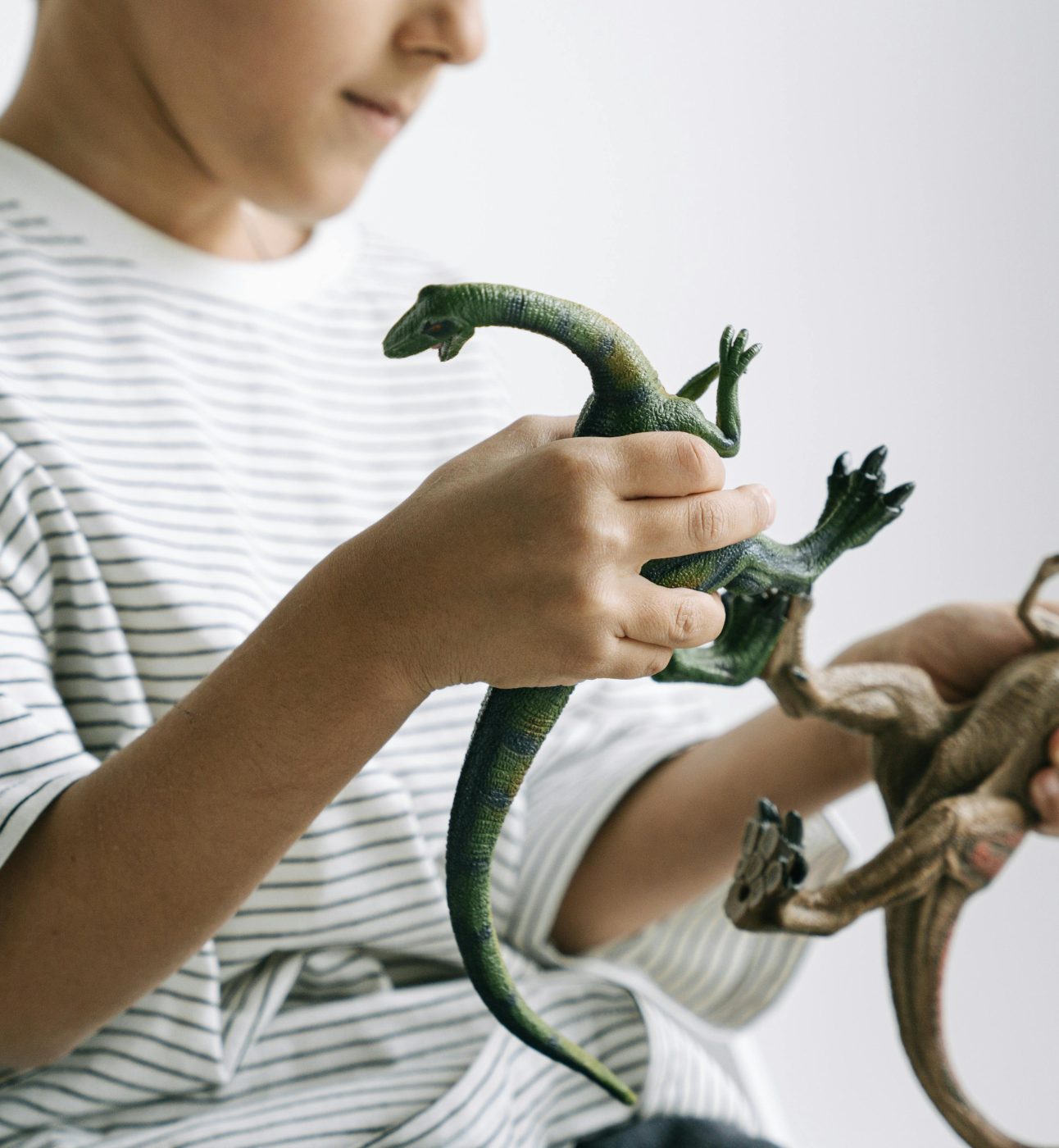 Close up shot of boy in a white and black striped t-shirt playing with two plastic dinosaur toys